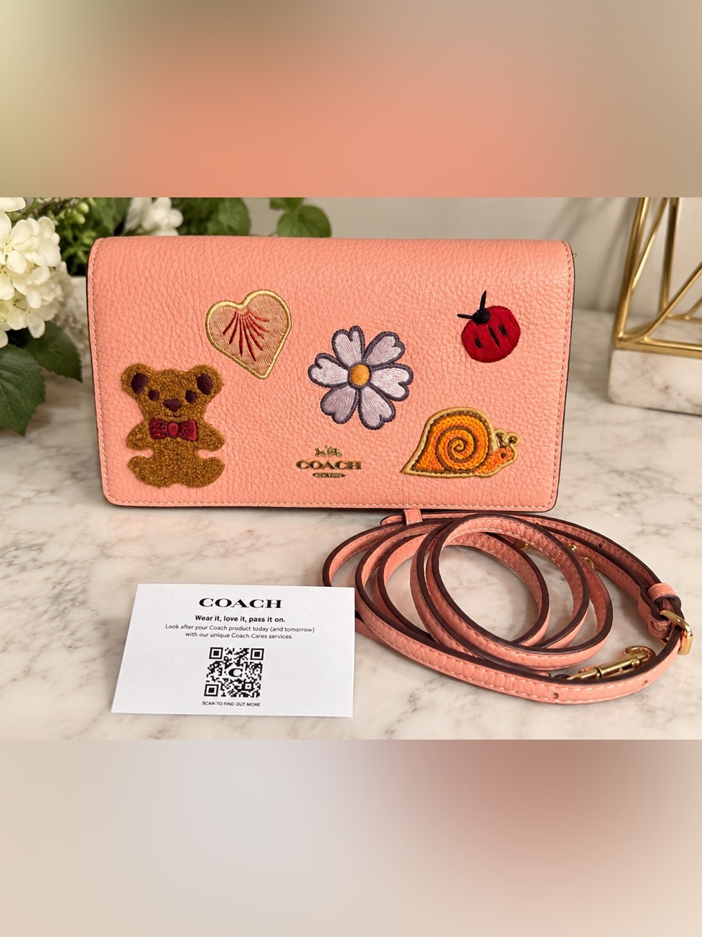 Coach CC469 Anna Creature Patches Pink Leather Crossbody Clutch NWOT